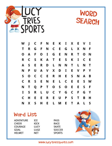 A word search puzzle for the Lucy Tries Sports series.